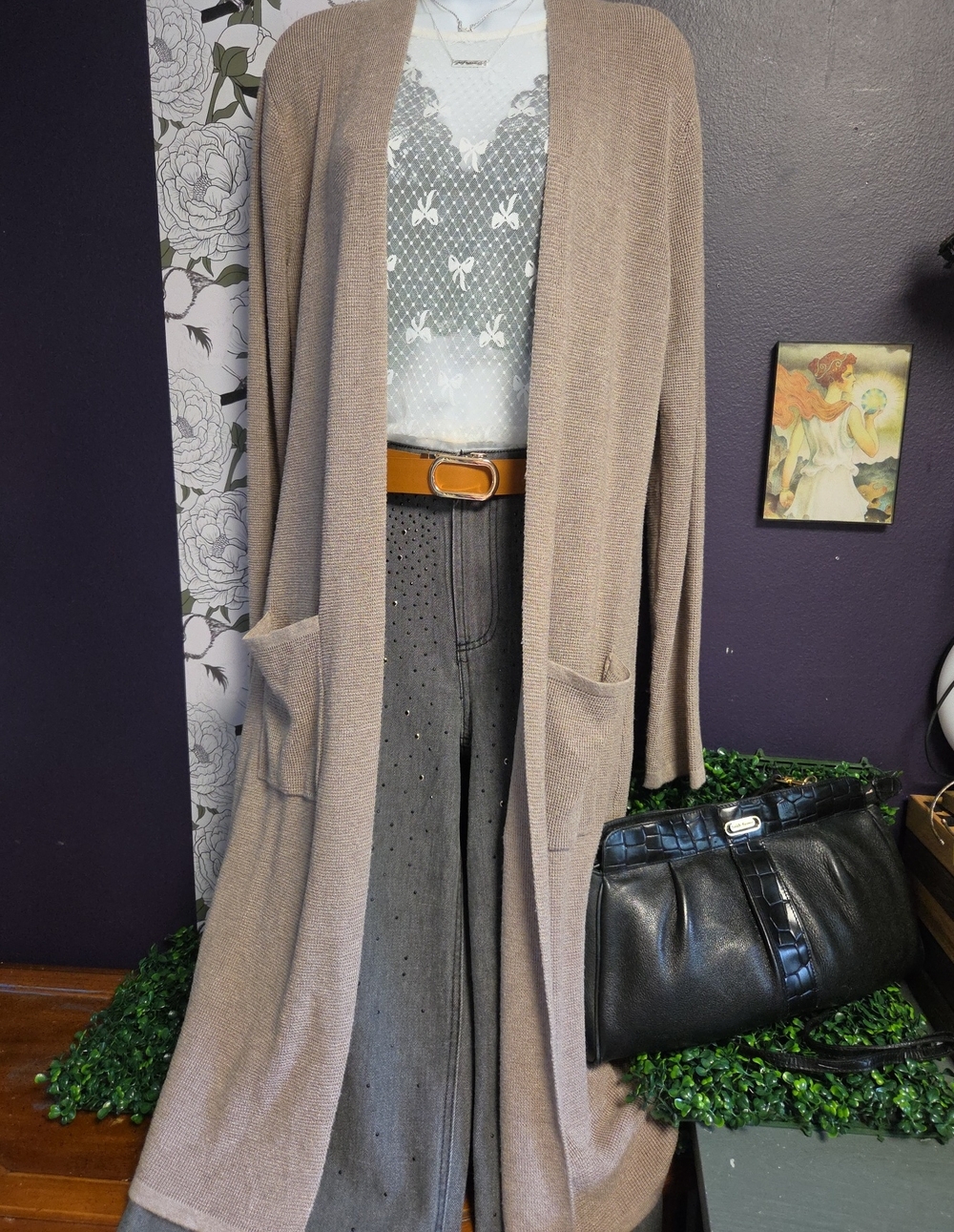 Cyrus Soft Taupe Open-Front Long Knit Cardigan With Pockets